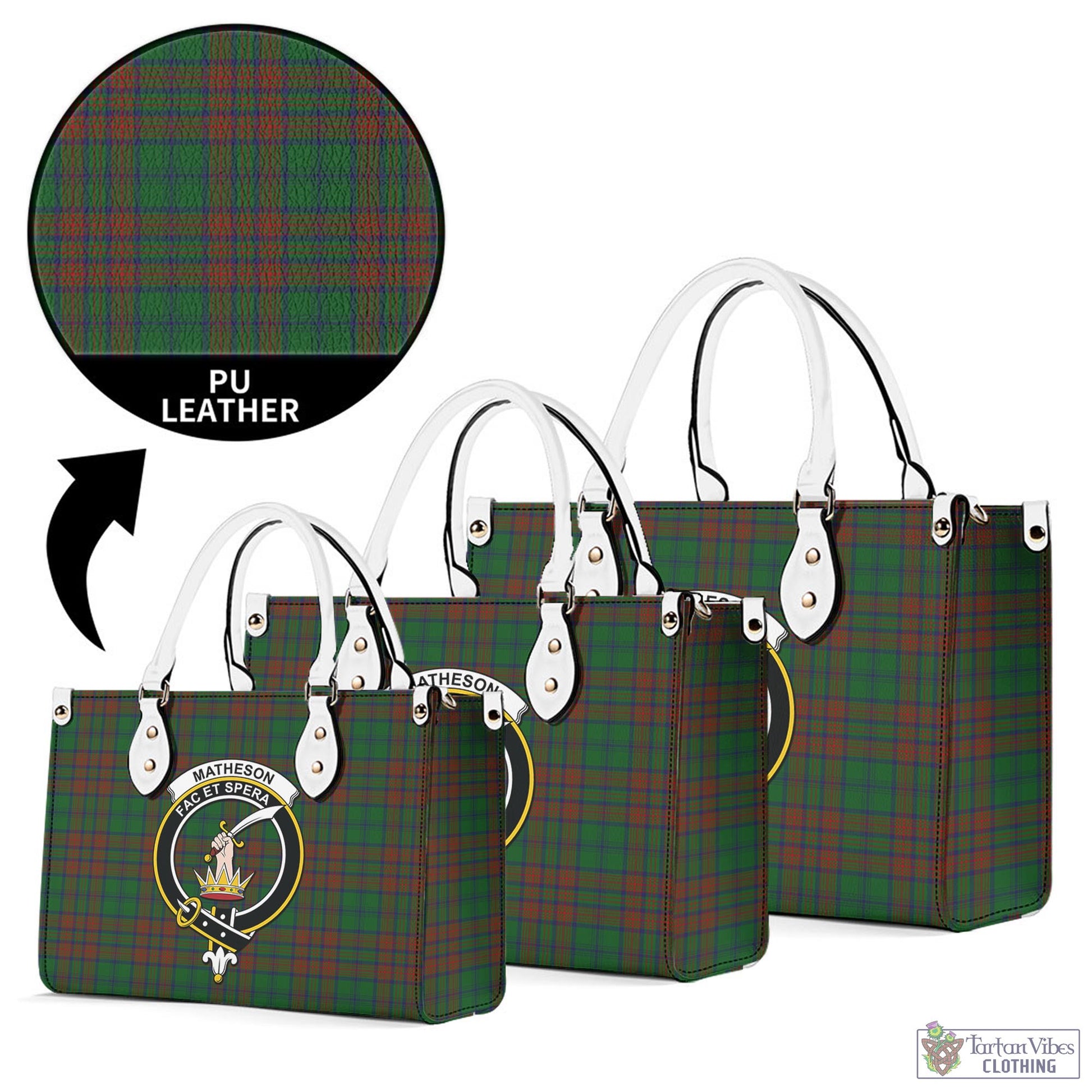 Tartan Vibes Clothing Matheson Hunting Highland Tartan Luxury Leather Handbags with Family Crest