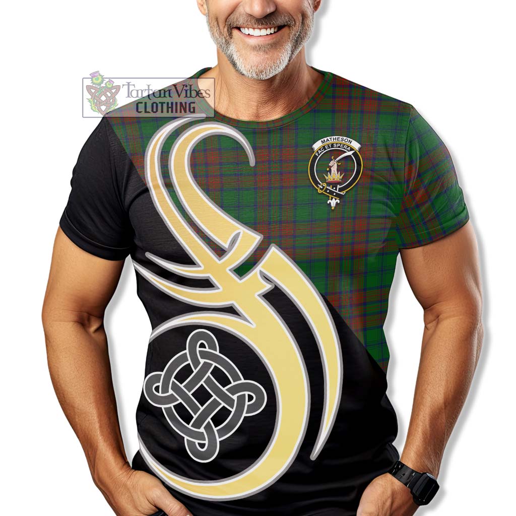 Tartan Vibes Clothing Matheson Hunting Highland Tartan T-Shirt with Family Crest and Celtic Symbol Style