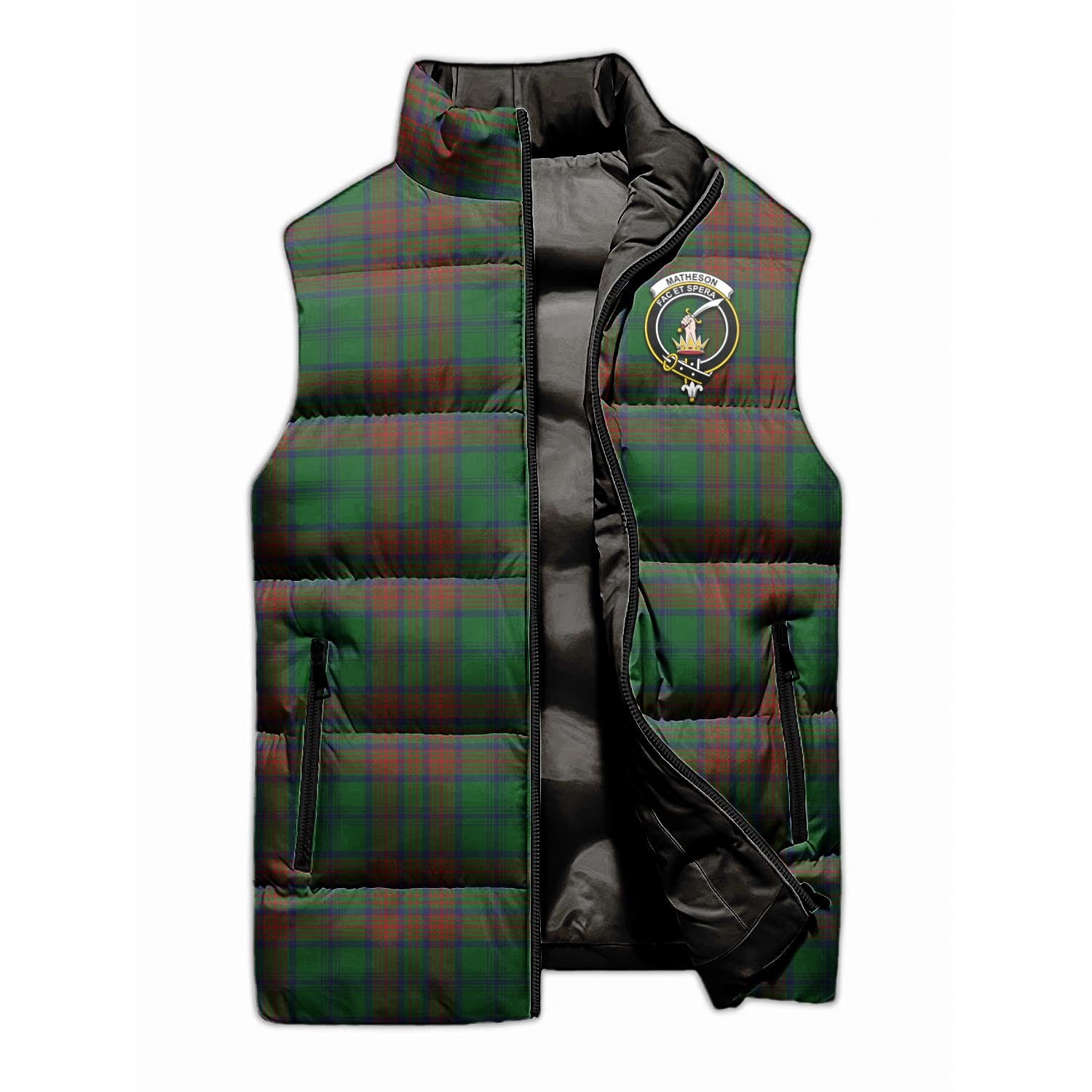 Matheson Hunting Highland Tartan Sleeveless Puffer Jacket with Family Crest - Tartanvibesclothing