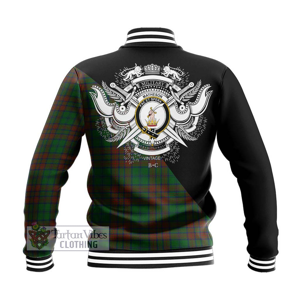 Matheson Hunting Highland Tartan Baseball Jacket with Family Crest and Military Logo Style - Tartanvibesclothing Shop