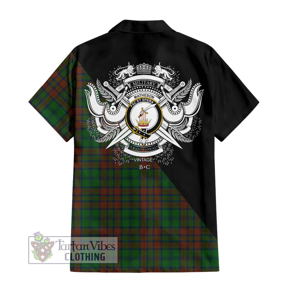 Matheson Hunting Highland Tartan Short Sleeve Button Shirt with Family Crest and Military Logo Style - Tartanvibesclothing Shop