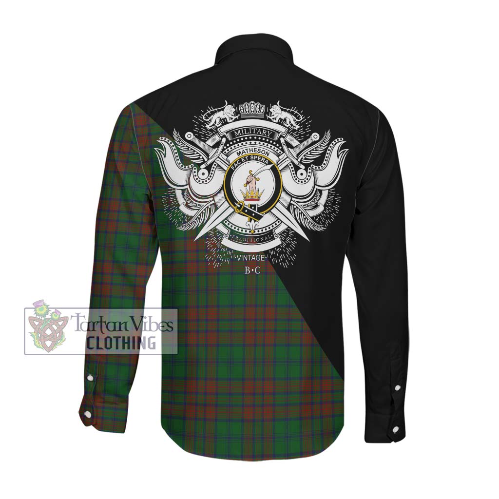 Tartan Vibes Clothing Matheson Hunting Highland Tartan Long Sleeve Button Shirt with Family Crest and Military Logo Style