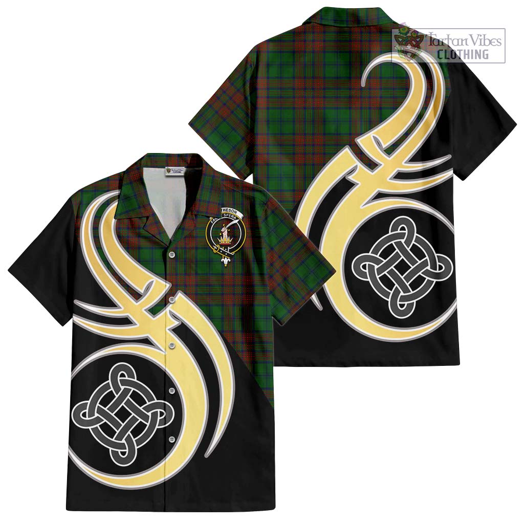 Matheson Hunting Highland Tartan Short Sleeve Button Shirt with Family Crest and Celtic Symbol Style - Tartan Vibes Clothing