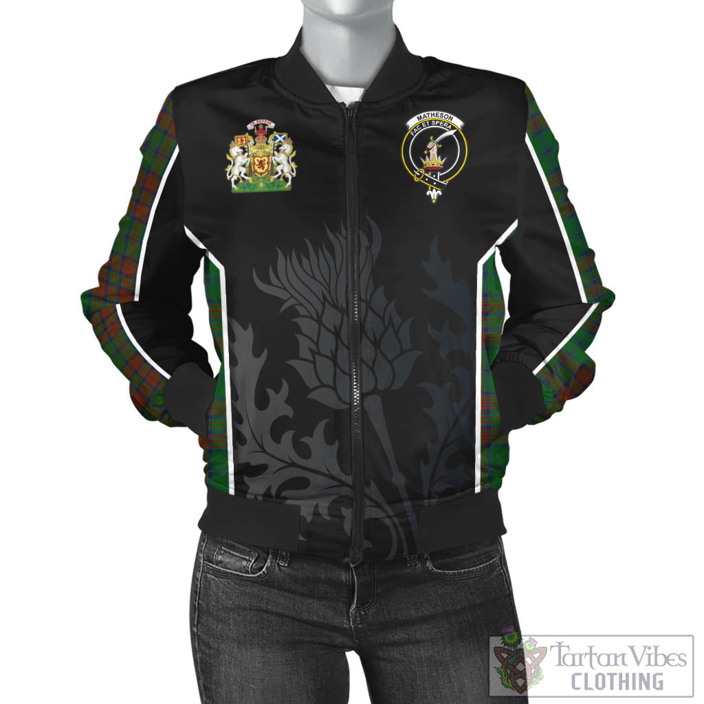 Tartan Vibes Clothing Matheson Hunting Highland Tartan Bomber Jacket with Family Crest and Scottish Thistle Vibes Sport Style