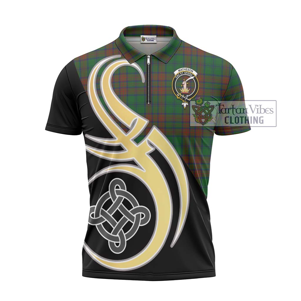 Tartan Vibes Clothing Matheson Hunting Highland Tartan Zipper Polo Shirt with Family Crest and Celtic Symbol Style