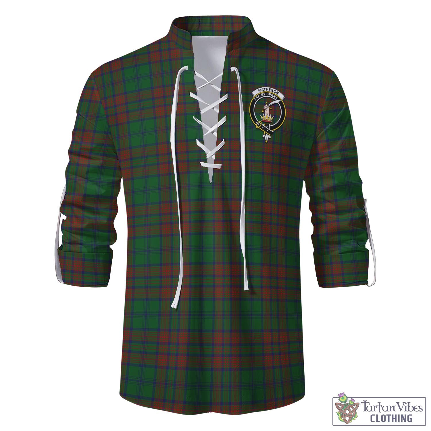 Tartan Vibes Clothing Matheson Hunting Highland Tartan Men's Scottish Traditional Jacobite Ghillie Kilt Shirt with Family Crest