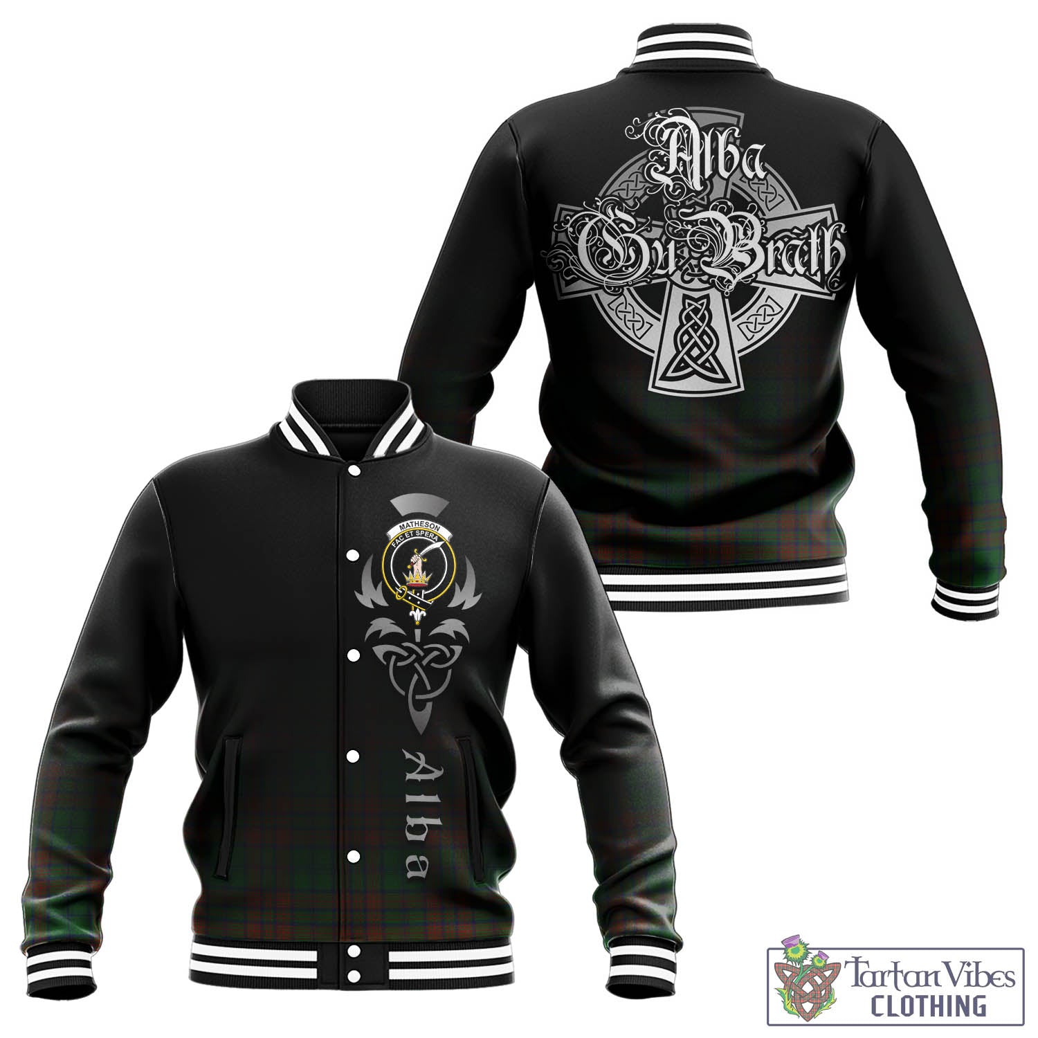 Tartan Vibes Clothing Matheson Hunting Highland Tartan Baseball Jacket Featuring Alba Gu Brath Family Crest Celtic Inspired