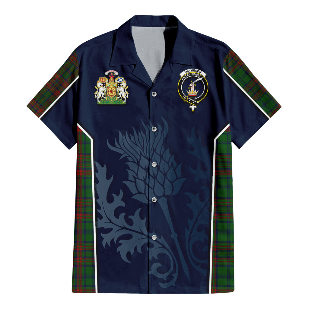 Tartan Vibes Clothing Matheson Hunting Highland Tartan Short Sleeve Button Up Shirt with Family Crest and Scottish Thistle Vibes Sport Style