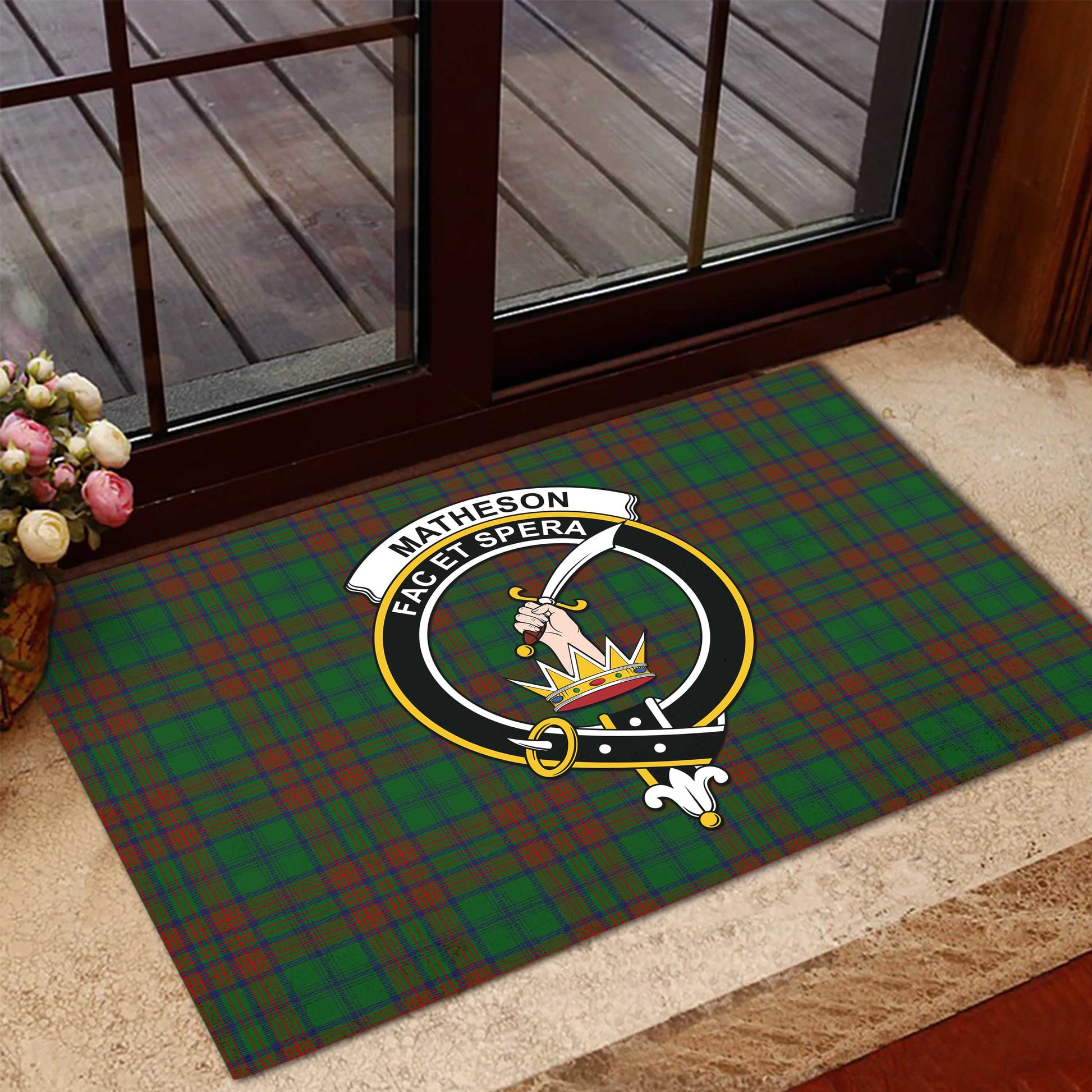 Matheson Hunting Highland Tartan Door Mat with Family Crest - Tartanvibesclothing