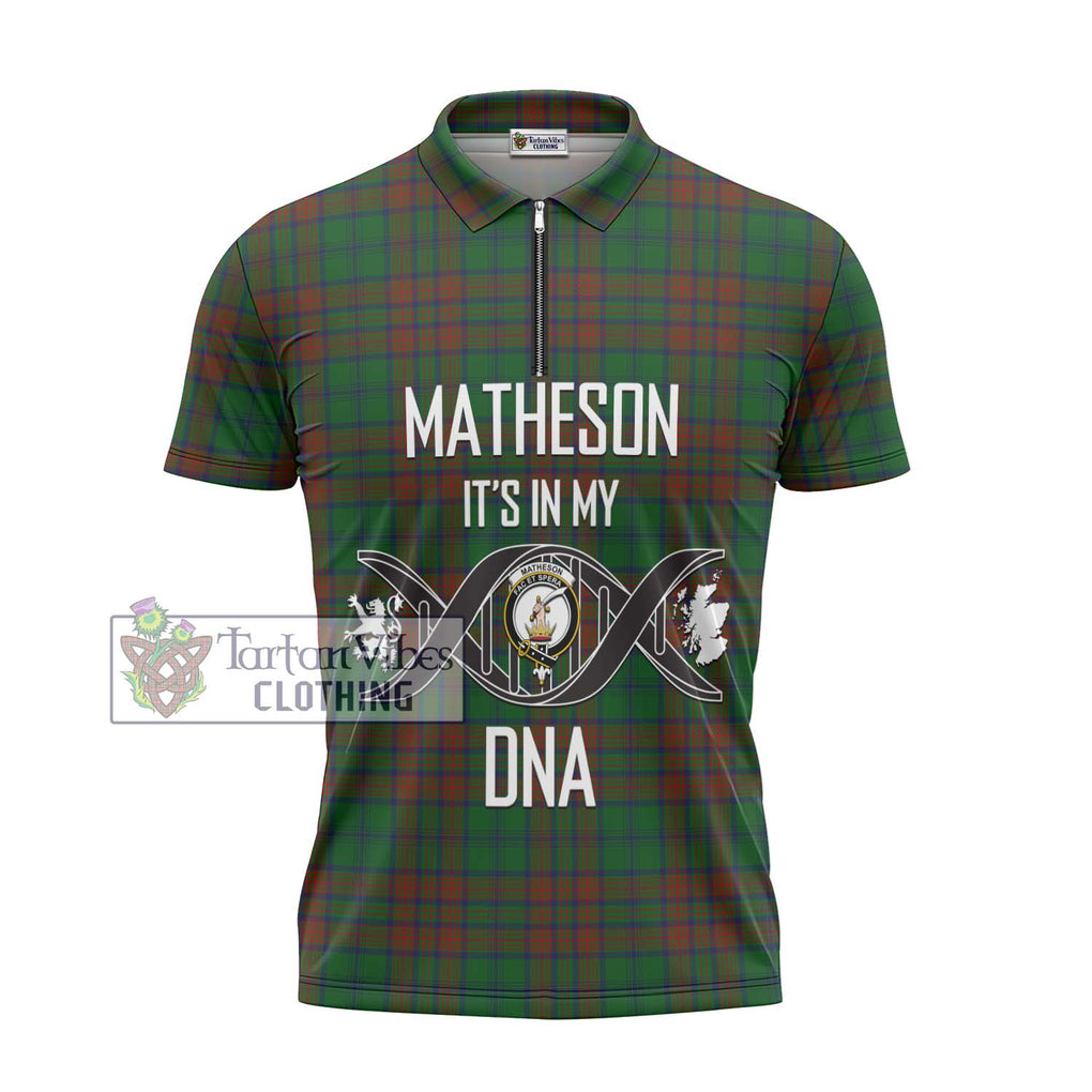 Matheson Hunting Highland Tartan Zipper Polo Shirt with Family Crest DNA In Me Style - Tartanvibesclothing Shop