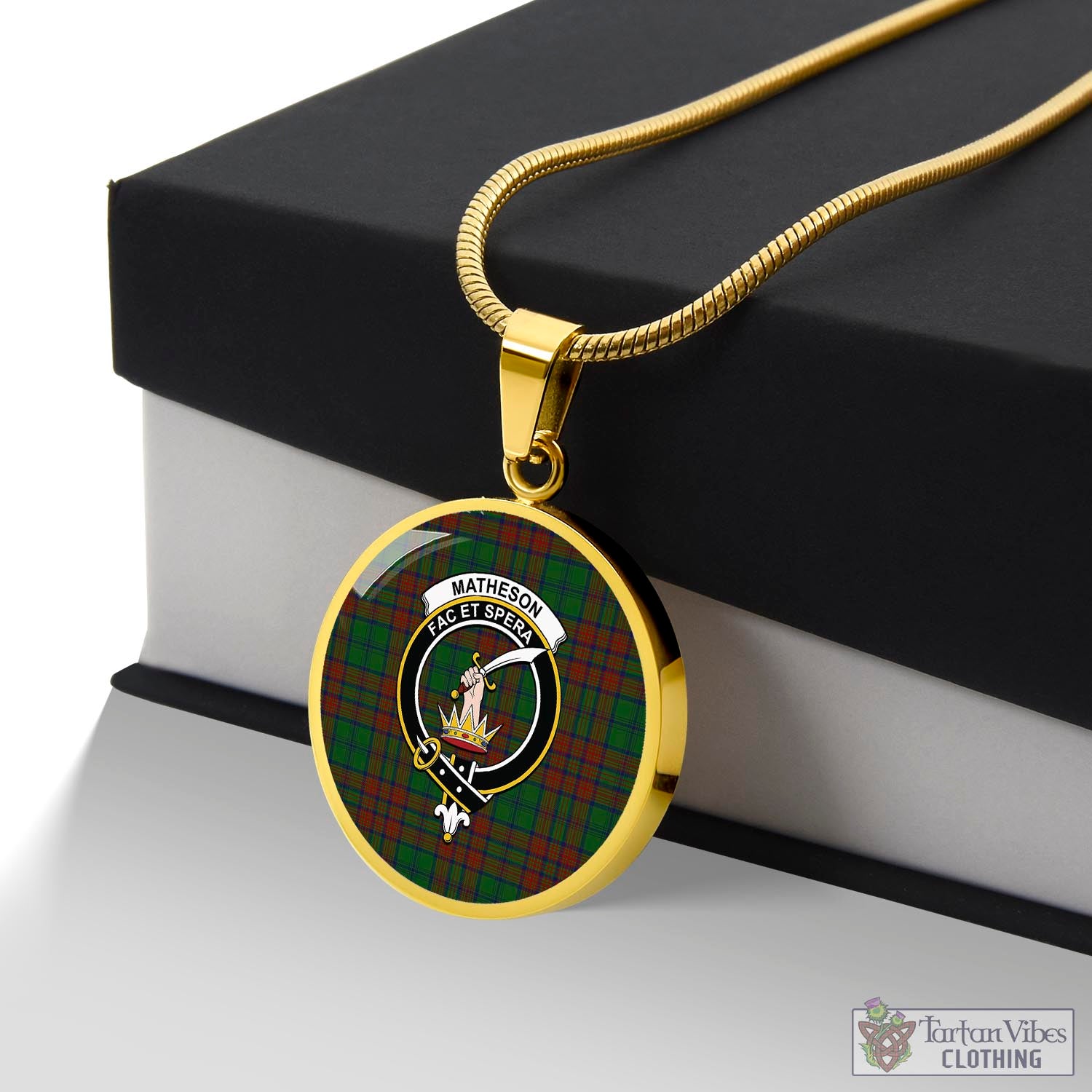 Tartan Vibes Clothing Matheson Hunting Highland Tartan Circle Necklace with Family Crest