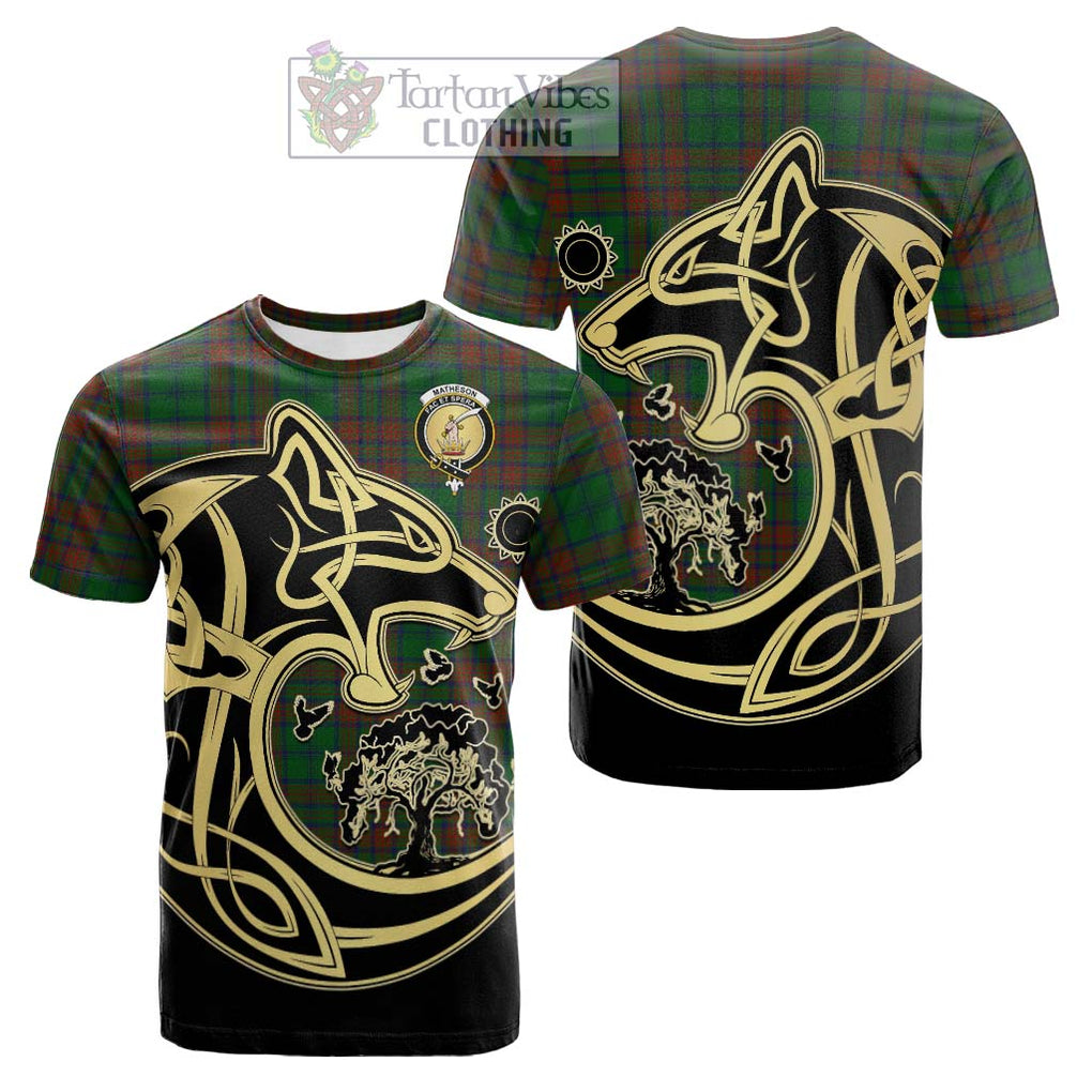 Tartan Vibes Clothing Matheson Hunting Highland Tartan Cotton T-shirt with Family Crest Celtic Wolf Style