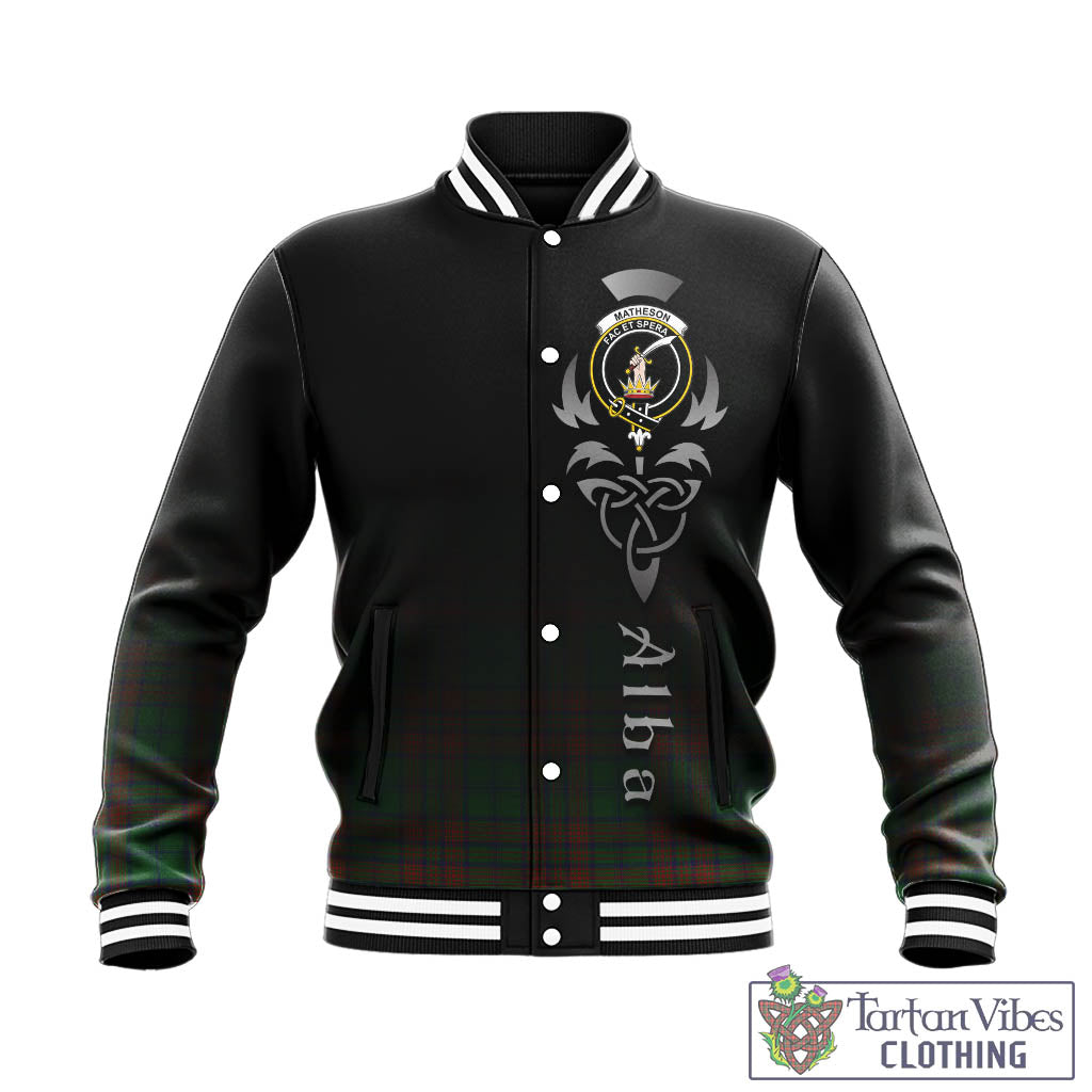 Tartan Vibes Clothing Matheson Hunting Highland Tartan Baseball Jacket Featuring Alba Gu Brath Family Crest Celtic Inspired