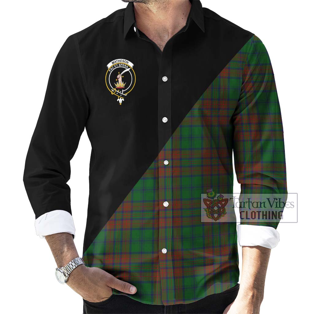 Tartan Vibes Clothing Matheson Hunting Highland Tartan Long Sleeve Button Shirt with Family Crest and Military Logo Style