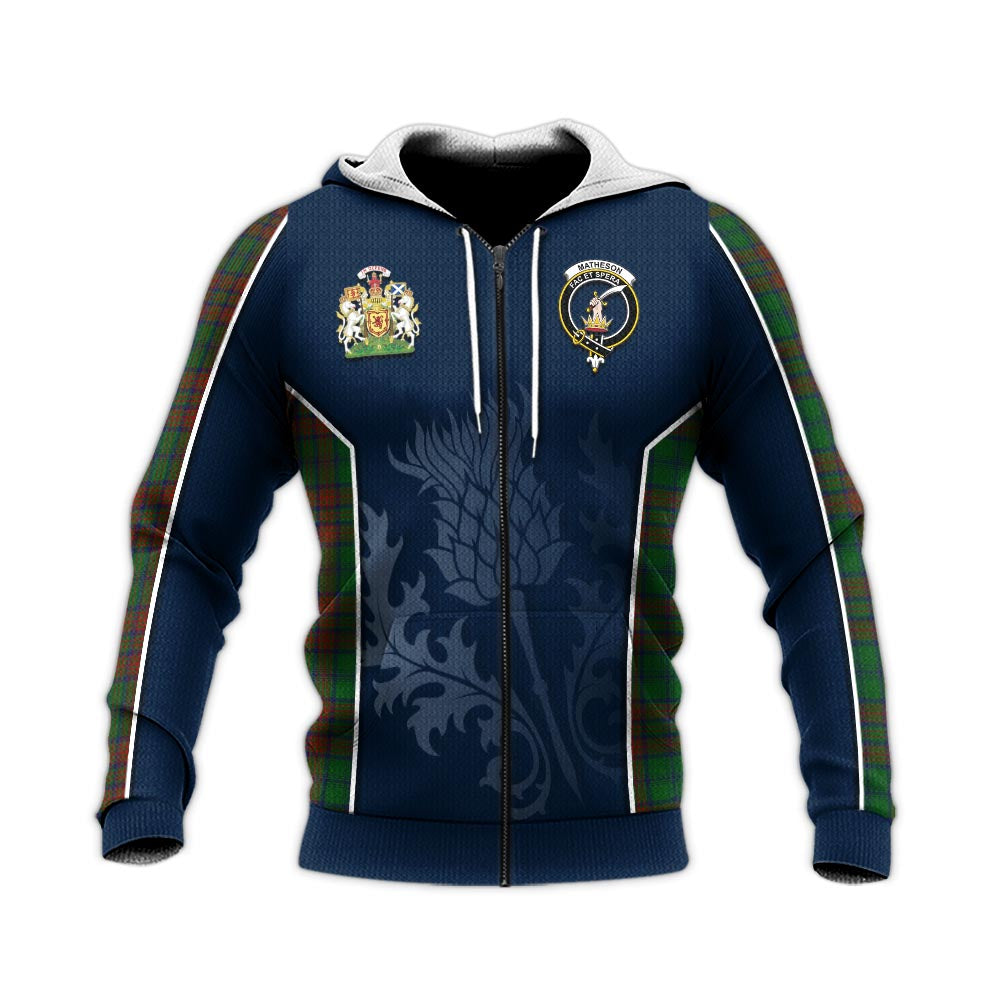 Tartan Vibes Clothing Matheson Hunting Highland Tartan Knitted Hoodie with Family Crest and Scottish Thistle Vibes Sport Style