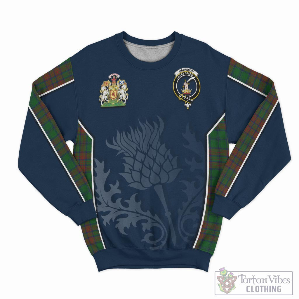 Tartan Vibes Clothing Matheson Hunting Highland Tartan Sweatshirt with Family Crest and Scottish Thistle Vibes Sport Style