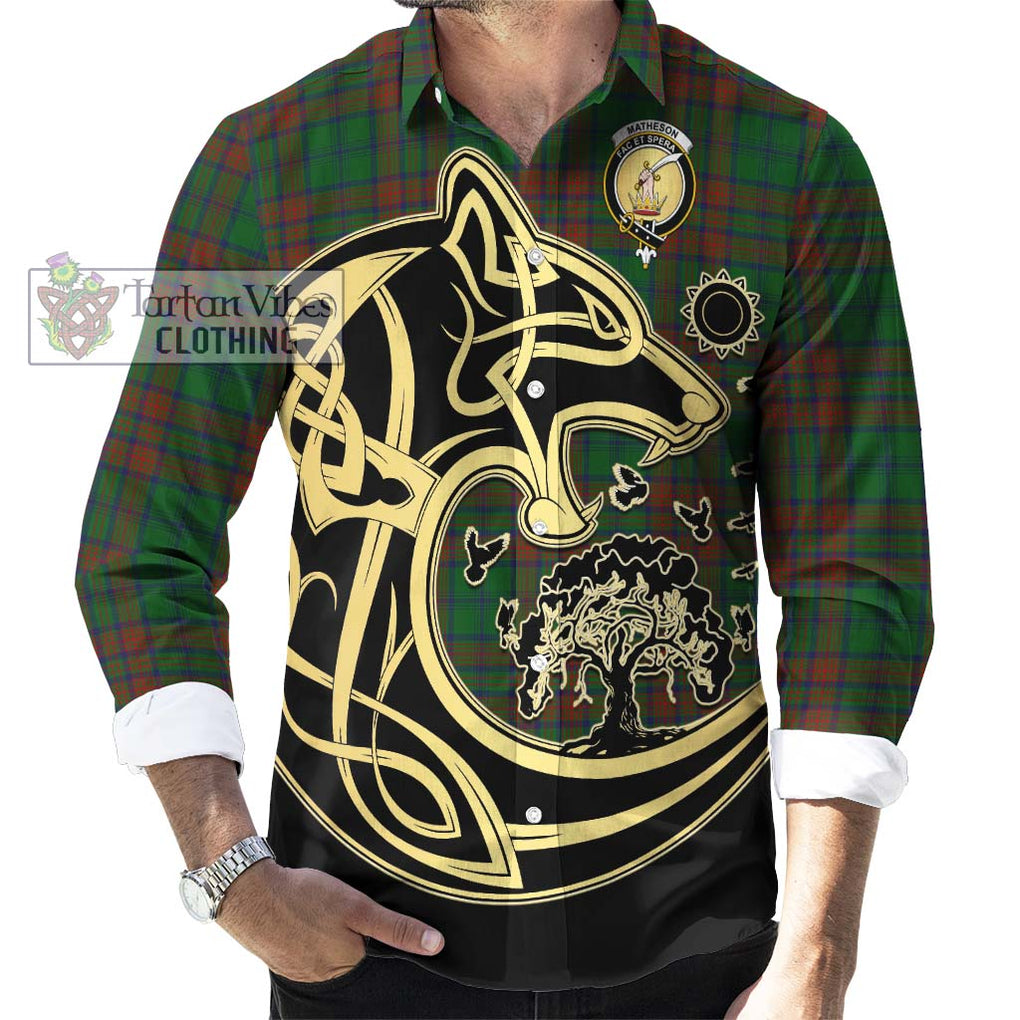 Matheson Hunting Highland Tartan Long Sleeve Button Shirt with Family Crest Celtic Wolf Style - Tartan Vibes Clothing