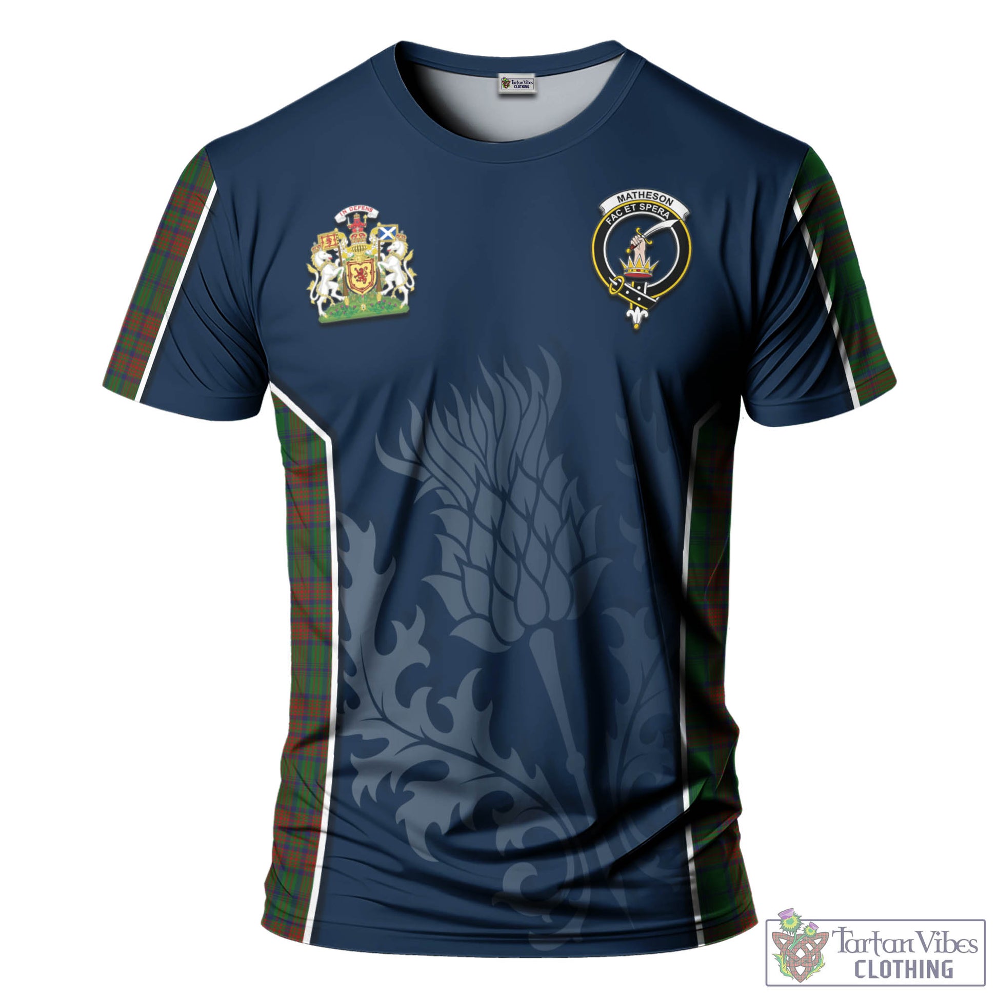 Tartan Vibes Clothing Matheson Hunting Highland Tartan T-Shirt with Family Crest and Scottish Thistle Vibes Sport Style