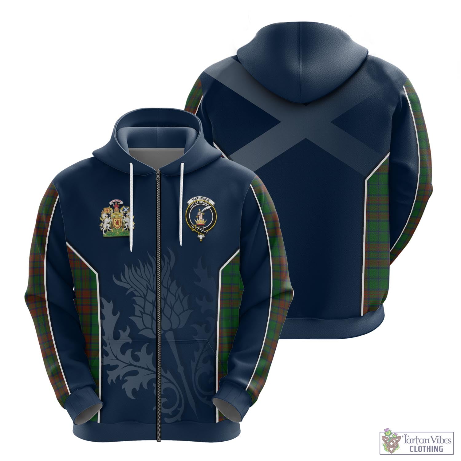 Tartan Vibes Clothing Matheson Hunting Highland Tartan Hoodie with Family Crest and Scottish Thistle Vibes Sport Style