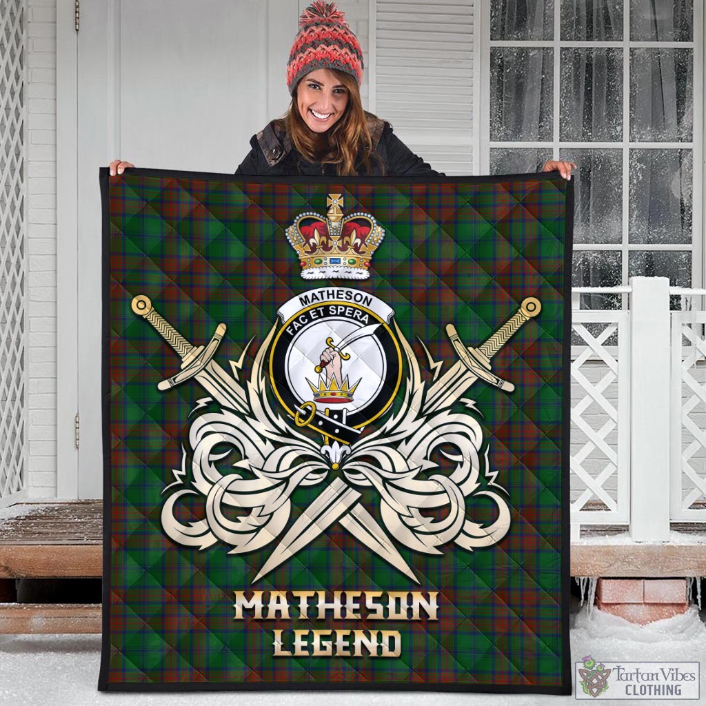 Tartan Vibes Clothing Matheson Hunting Highland Tartan Quilt with Clan Crest and the Golden Sword of Courageous Legacy