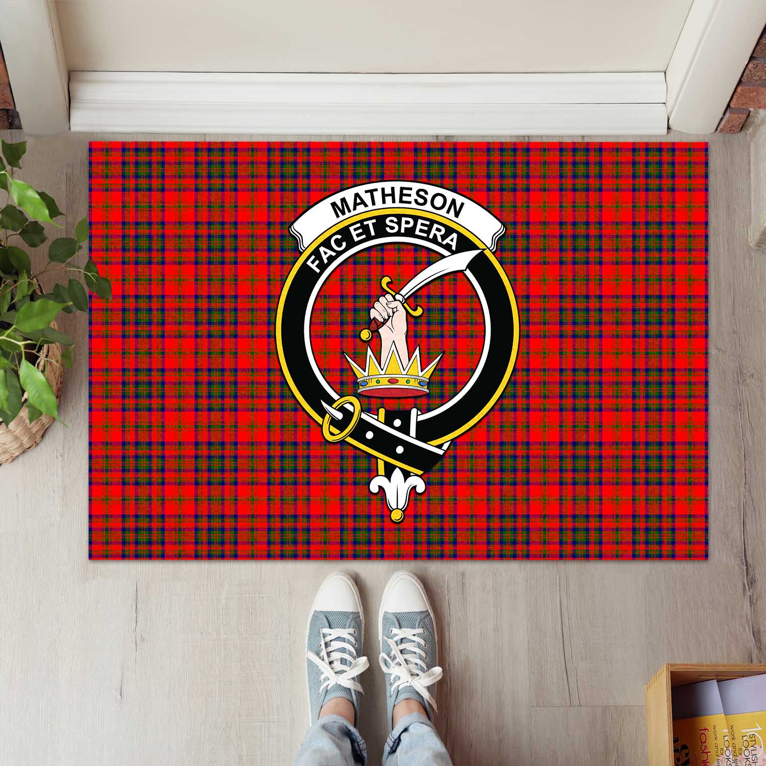 Matheson Modern Tartan Door Mat with Family Crest - Tartanvibesclothing