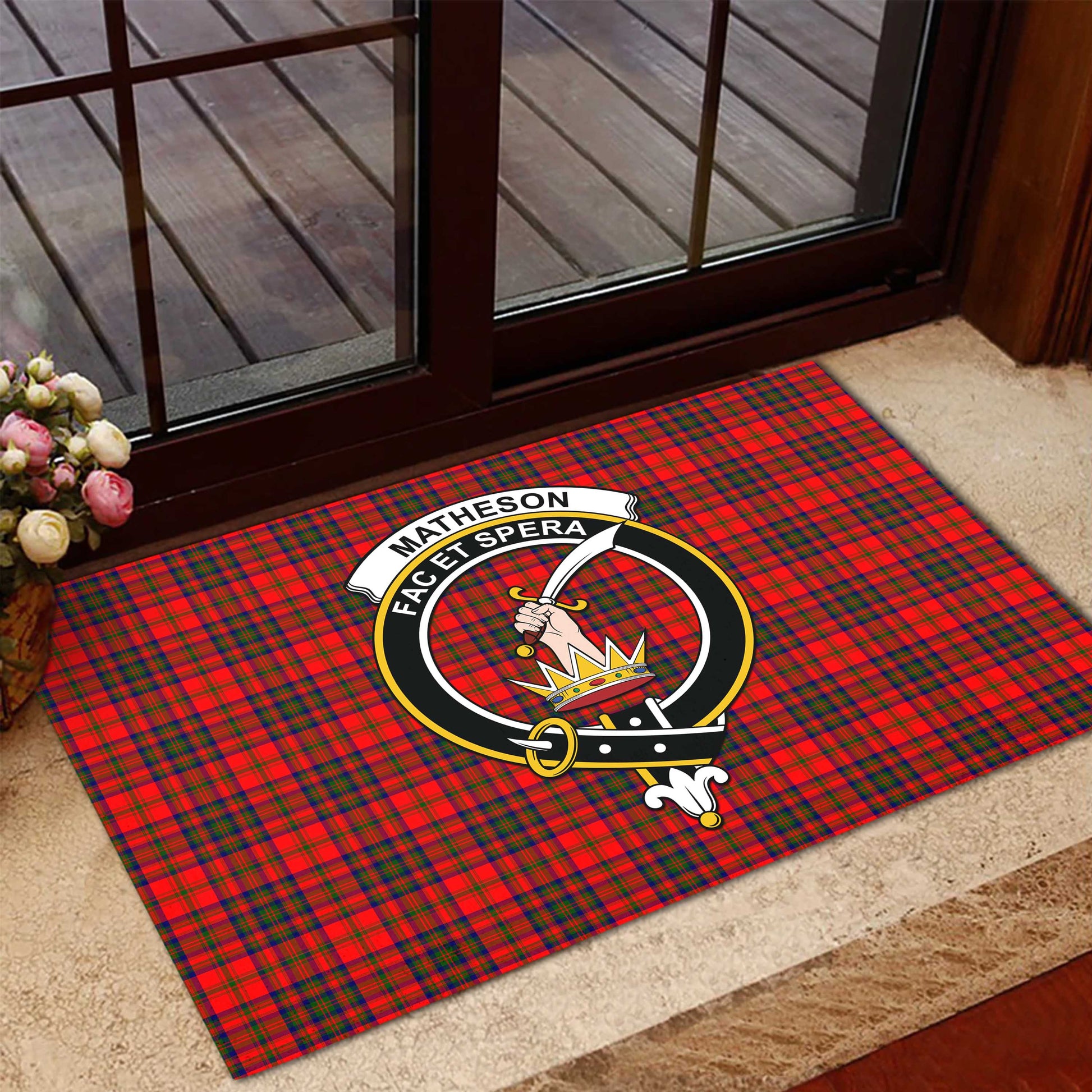 Matheson Modern Tartan Door Mat with Family Crest - Tartanvibesclothing