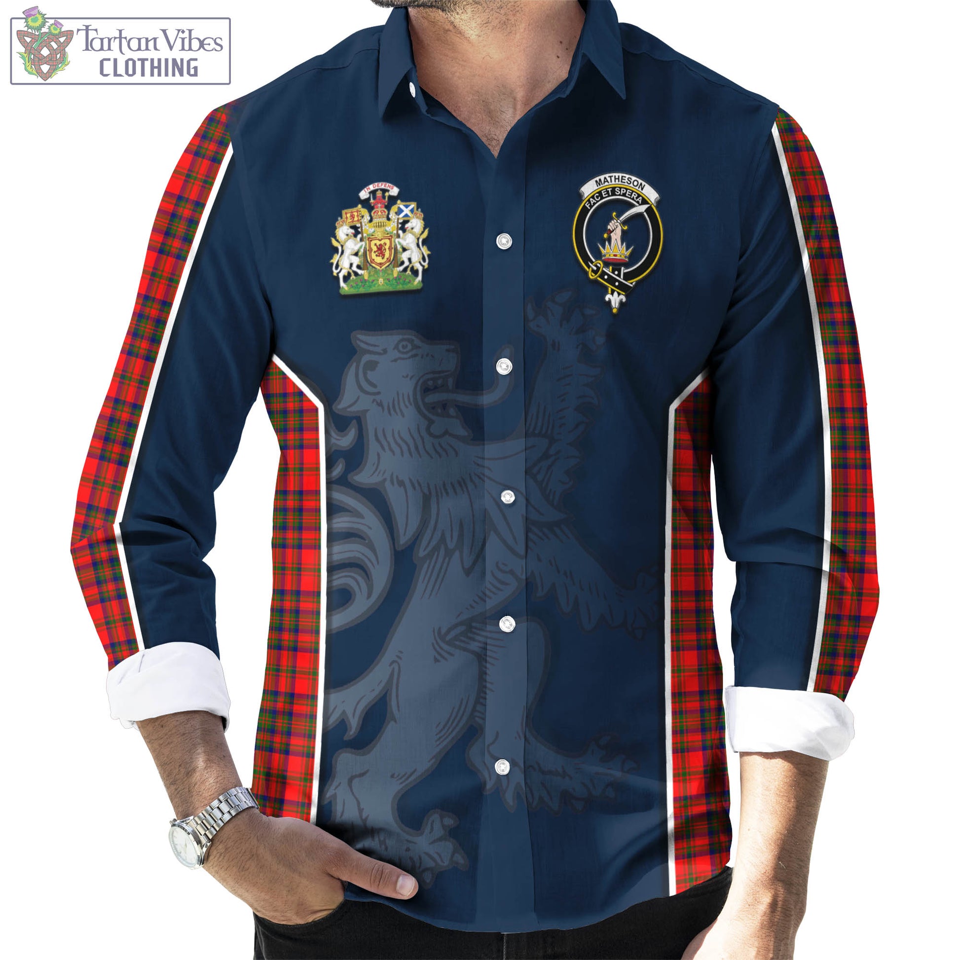 Tartan Vibes Clothing Matheson Modern Tartan Long Sleeve Button Up Shirt with Family Crest and Lion Rampant Vibes Sport Style