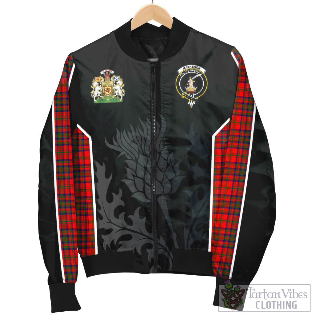 Tartan Vibes Clothing Matheson Modern Tartan Bomber Jacket with Family Crest and Scottish Thistle Vibes Sport Style