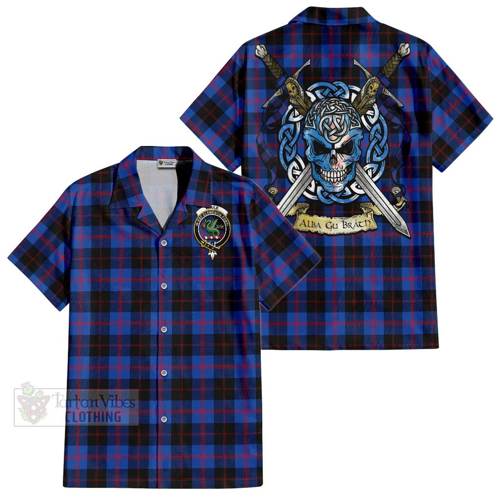 Tartan Vibes Clothing Maule Tartan Short Sleeve Button Shirt with Family Crest Celtic Skull Style