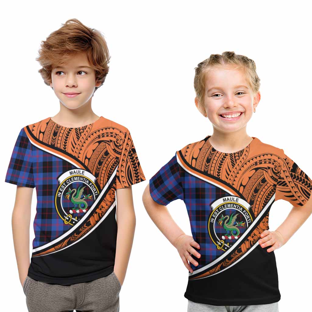 Tartan Vibes Clothing Maule Crest Tartan Kid T-Shirt with Maori Tattoo Style - Orange Version