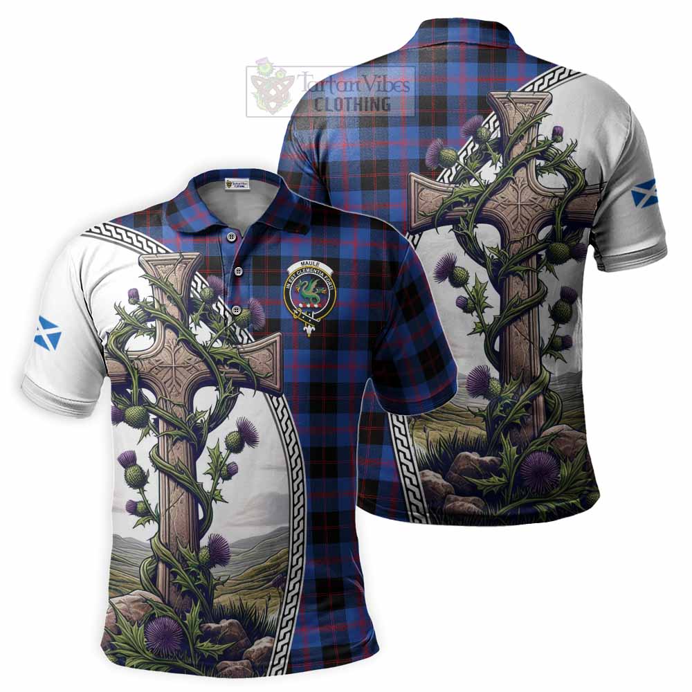 Tartan Vibes Clothing Maule Tartan Polo Shirt with Family Crest and St. Andrew's Cross Accented by Thistle Vines