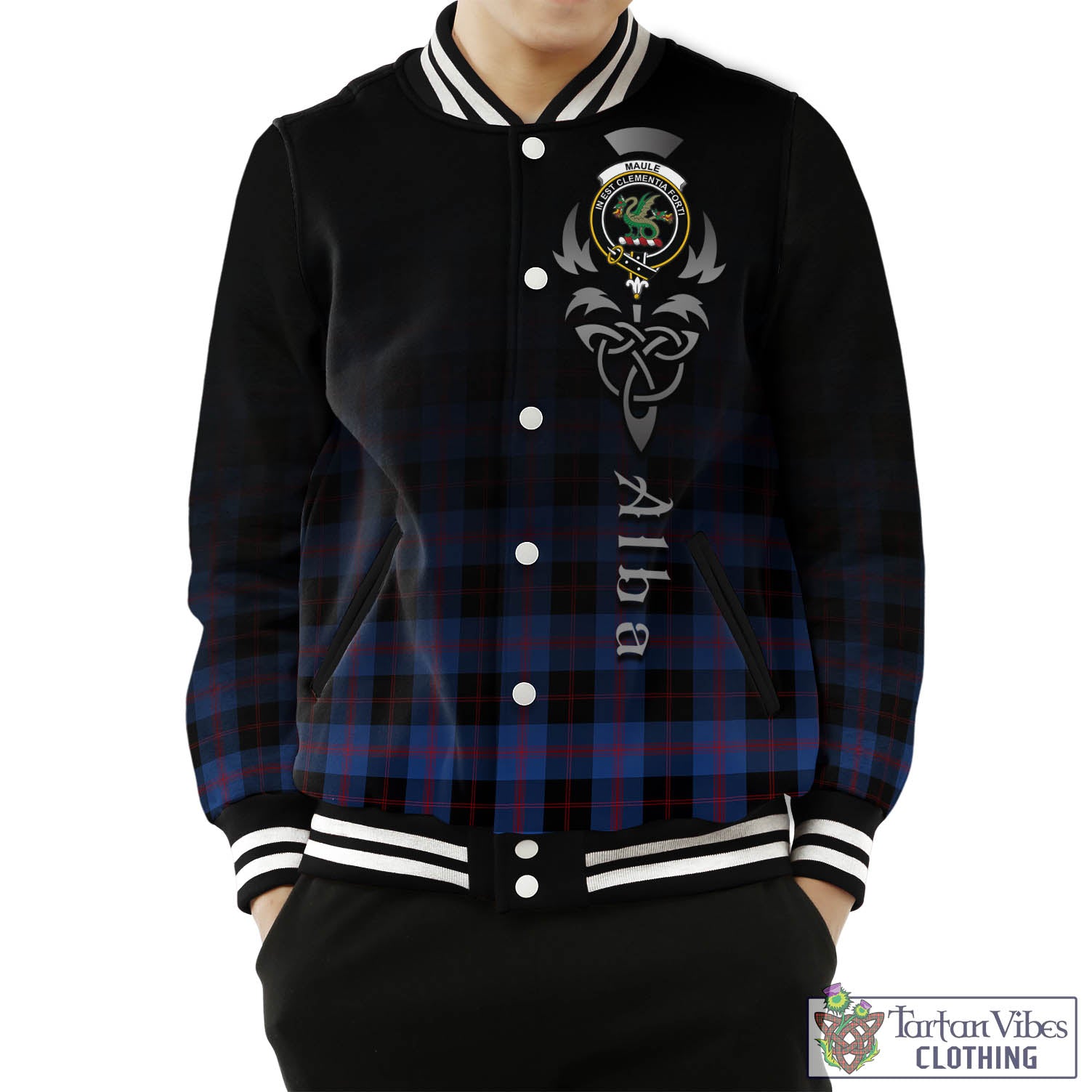 Tartan Vibes Clothing Maule Tartan Baseball Jacket Featuring Alba Gu Brath Family Crest Celtic Inspired