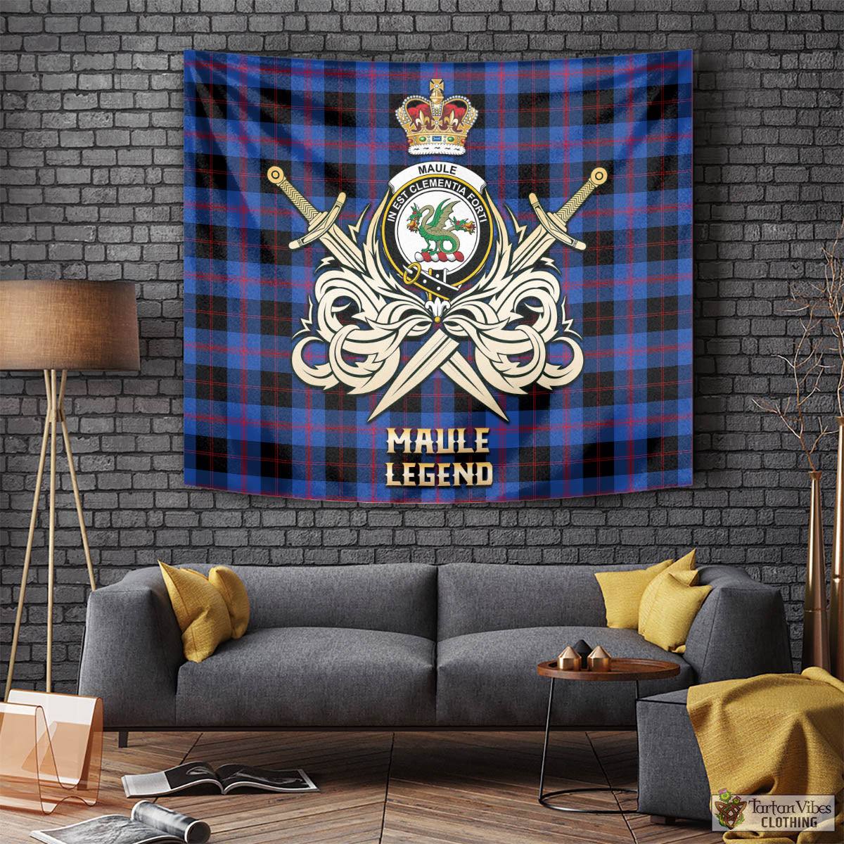 Tartan Vibes Clothing Maule Tartan Tapestry with Clan Crest and the Golden Sword of Courageous Legacy