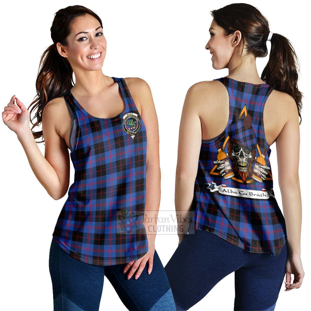 Tartan Vibes Clothing Maule Tartan Women's Racerback Tanks with Family Crest and Bearded Skull Holding Bottles of Whiskey