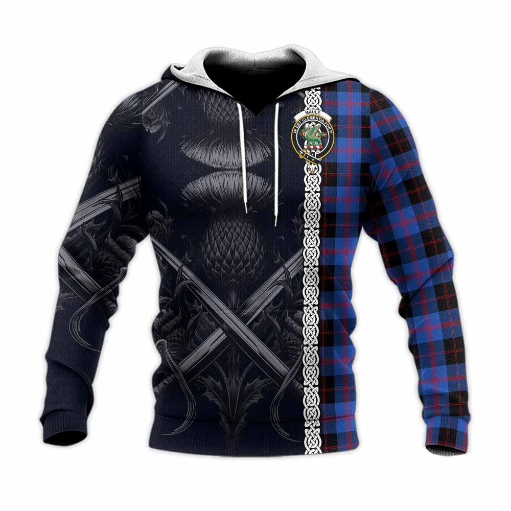 Tartan Vibes Clothing Maule Tartan Knitted Hoodie with Family Crest Cross Sword Thistle Celtic Vibes