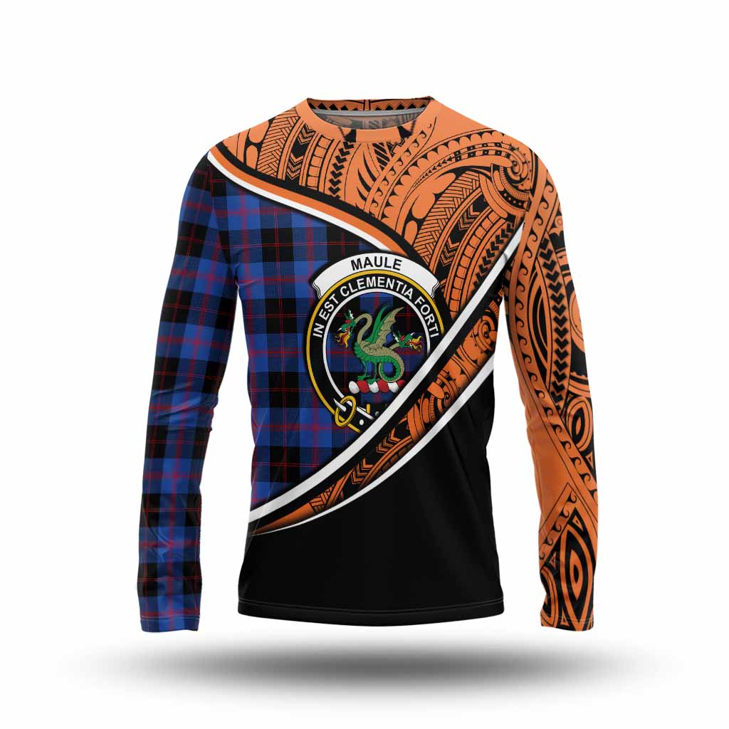 Tartan Vibes Clothing Maule Crest Tartan Long Sleeve T-Shirt with Maori Tattoo Style - Orange Version