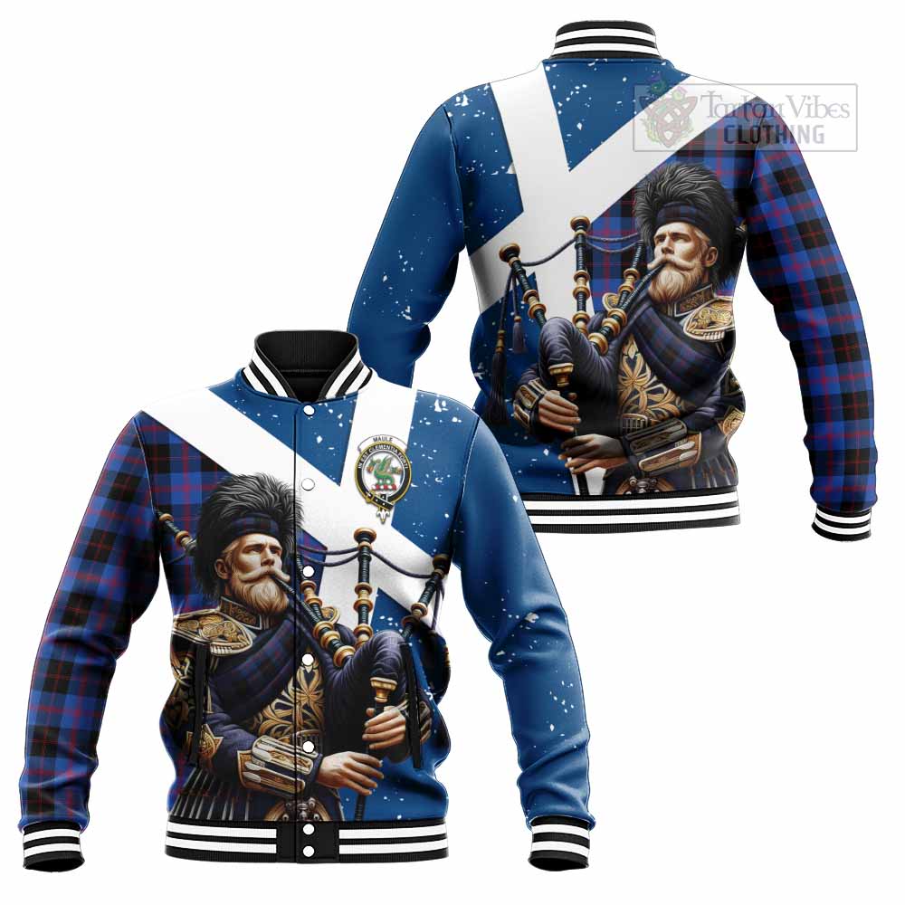 Tartan Vibes Clothing Maule Tartan Baseball Jacket with Family Crest Scottish Bagpiper Vibes