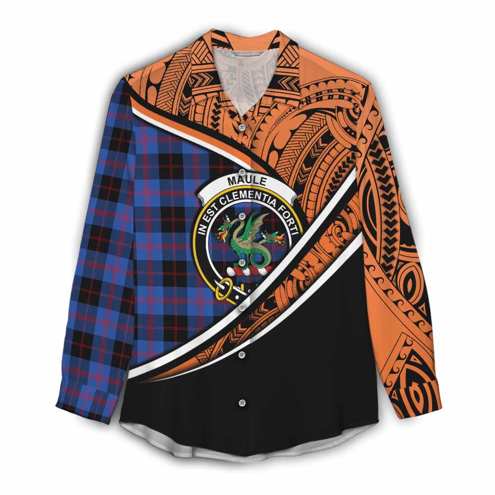 Tartan Vibes Clothing Maule Crest Tartan Women's Casual Shirt with Maori Tattoo Style - Orange Version