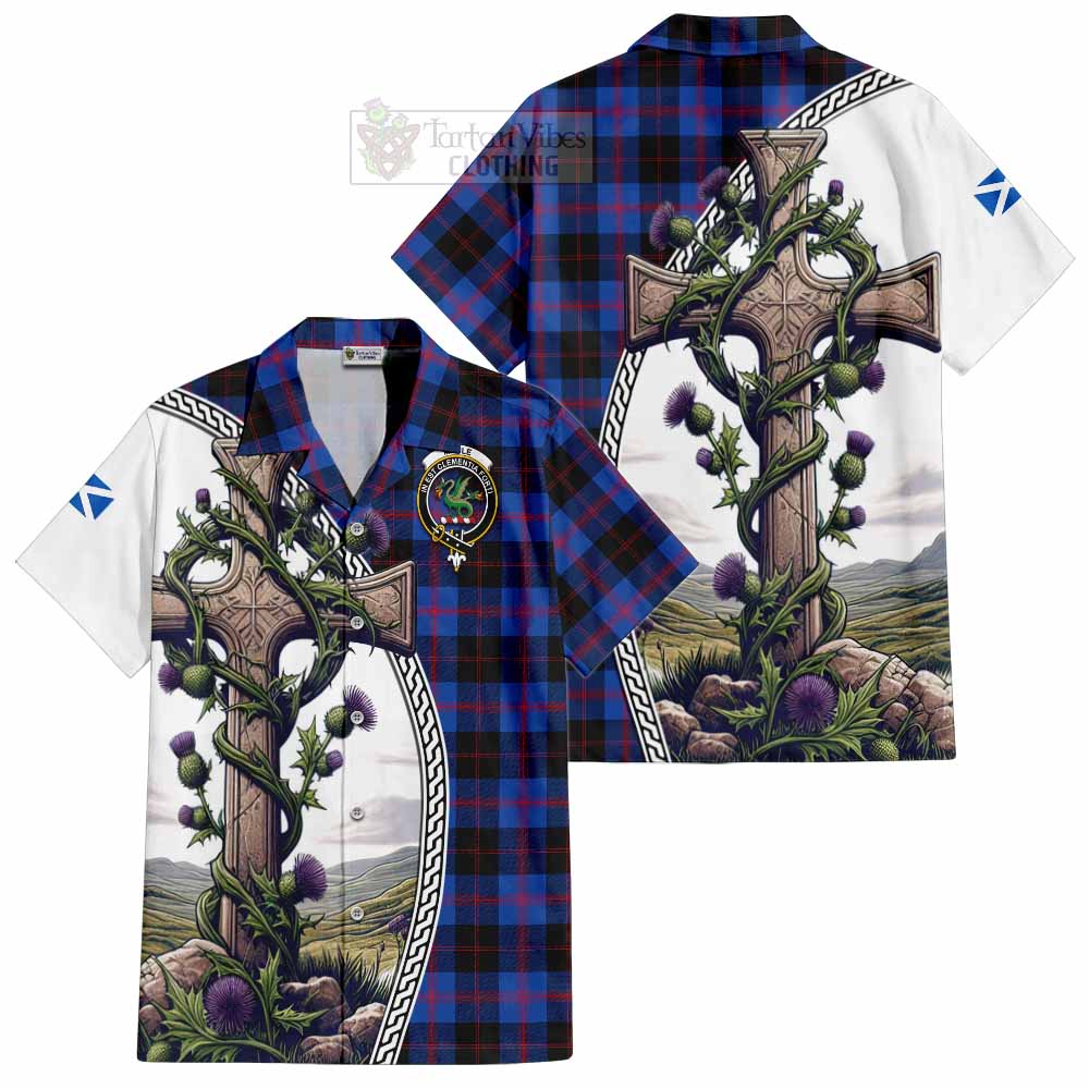 Tartan Vibes Clothing Maule Tartan Short Sleeve Button Shirt with Family Crest and St. Andrew's Cross Accented by Thistle Vines