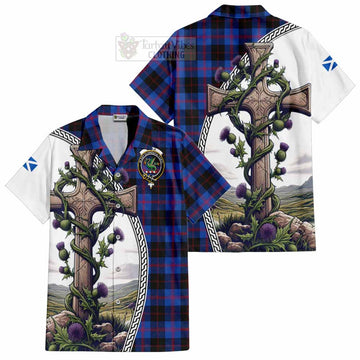 Maule Tartan Short Sleeve Button Shirt with Family Crest and St. Andrew's Cross Accented by Thistle Vines