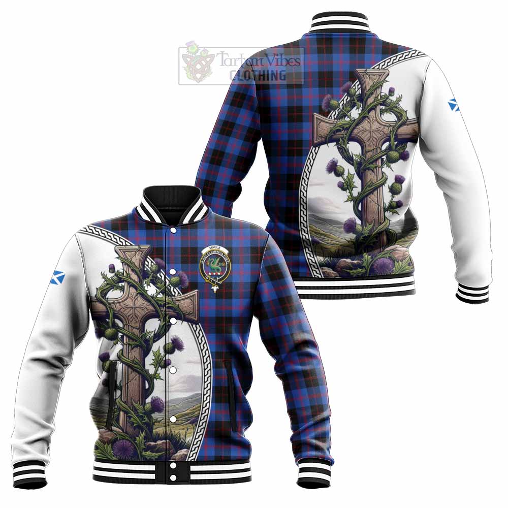 Tartan Vibes Clothing Maule Tartan Baseball Jacket with Family Crest and St. Andrew's Cross Accented by Thistle Vines