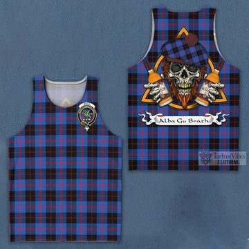 Maule Tartan Men's Tank Top with Family Crest and Bearded Skull Holding Bottles of Whiskey