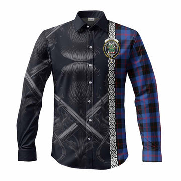 Maule Tartan Long Sleeve Button Shirt with Family Crest Cross Sword Thistle Celtic Vibes