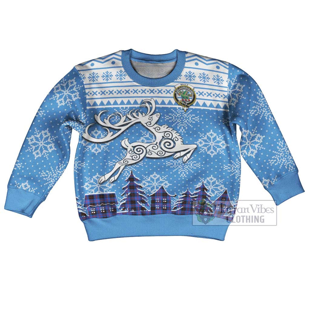 Tartan Vibes Clothing Maule Clan Christmas Kid Ugly Sweater with Tartan and Celtic Raindeer Style