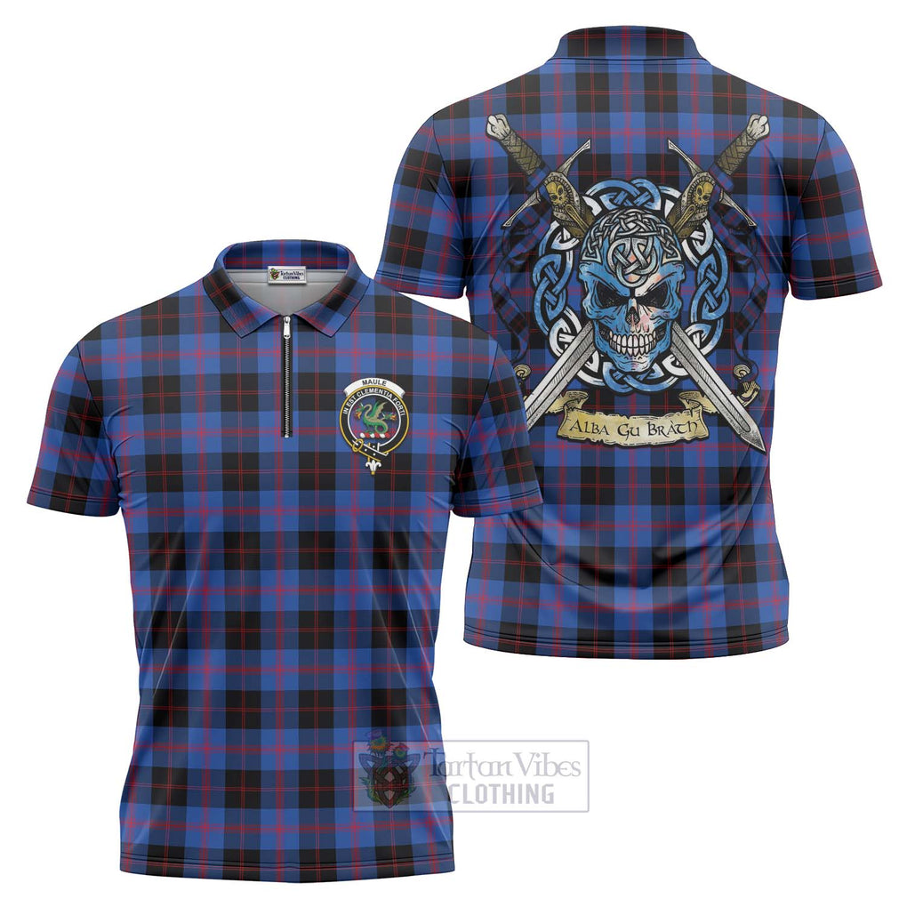 Tartan Vibes Clothing Maule Tartan Zipper Polo Shirt with Family Crest Celtic Skull Style