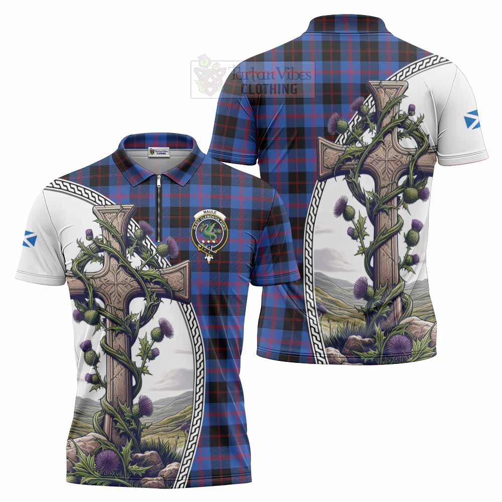 Tartan Vibes Clothing Maule Tartan Zipper Polo Shirt with Family Crest and St. Andrew's Cross Accented by Thistle Vines