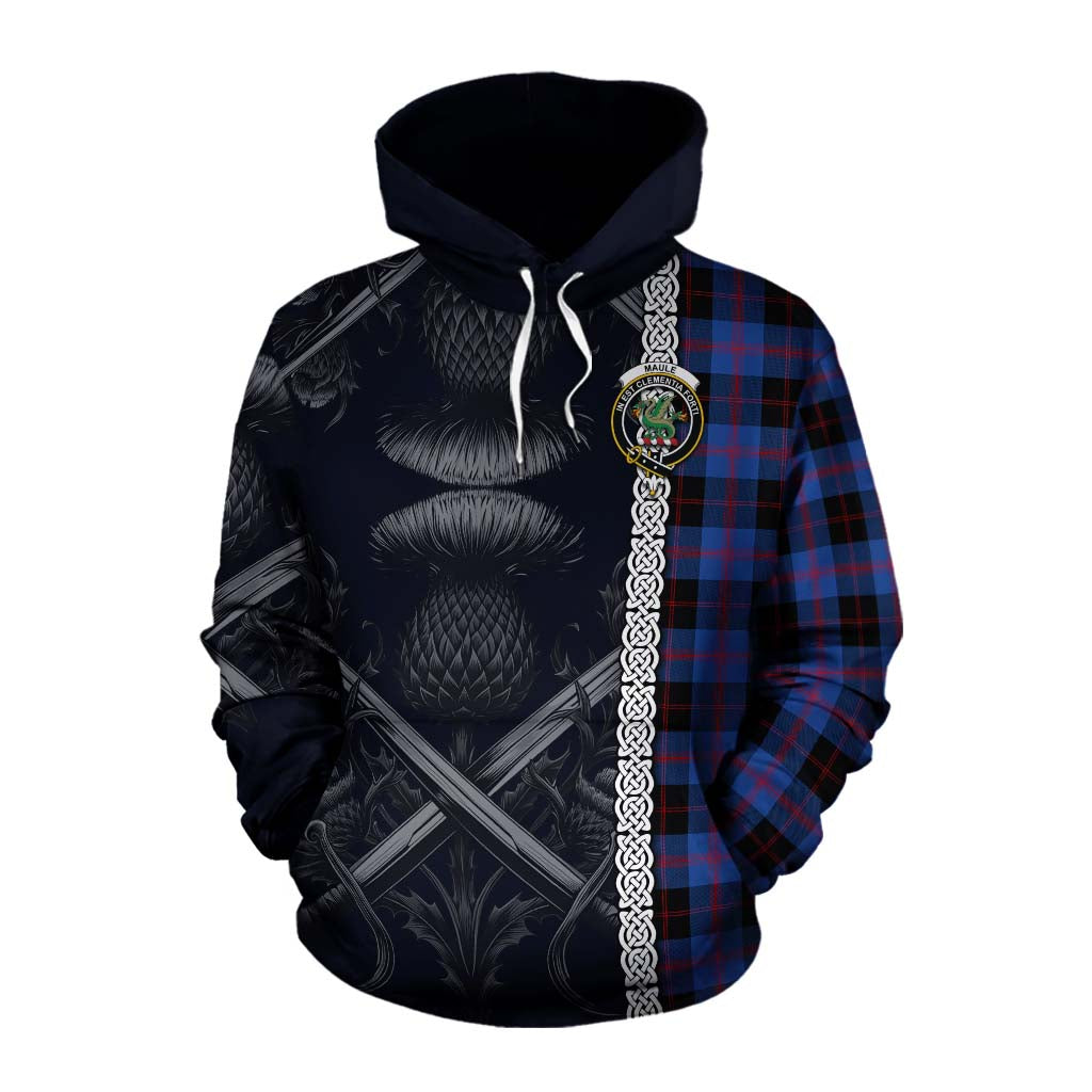 Tartan Vibes Clothing Maule Tartan Cotton Hoodie with Family Crest Cross Sword Thistle Celtic Vibes