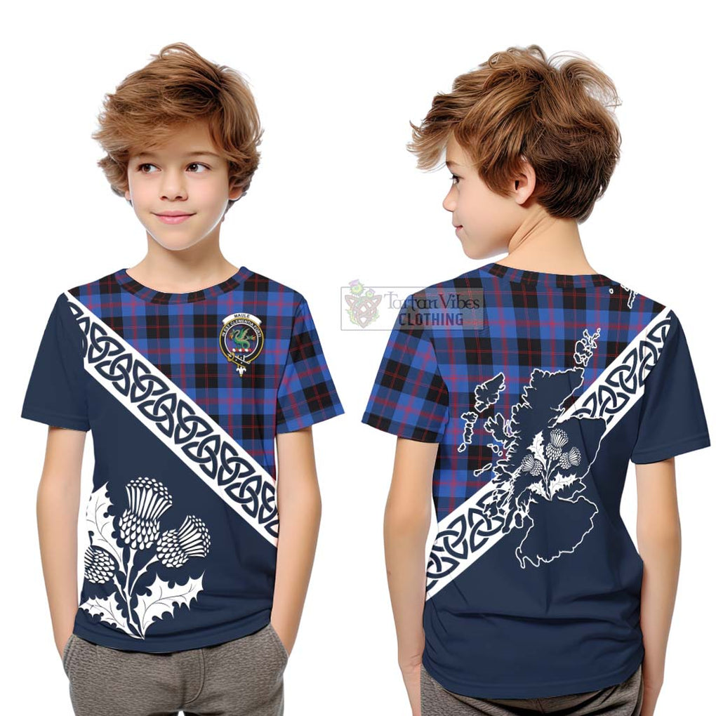 Tartan Vibes Clothing Maule Tartan Kid T-Shirt Featuring Thistle and Scotland Map