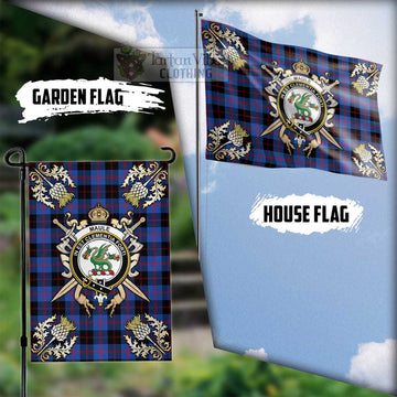 Maule Tartan Flag with Family Crest and Golden Thistle Crossed Sword Design