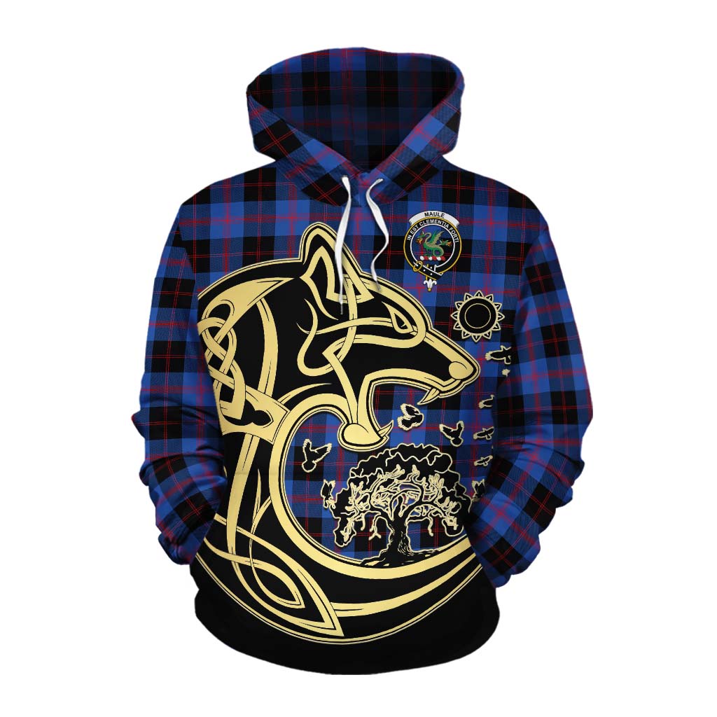 Tartan Vibes Clothing Maule Tartan Cotton Hoodie with Family Crest Celtic Wolf Style